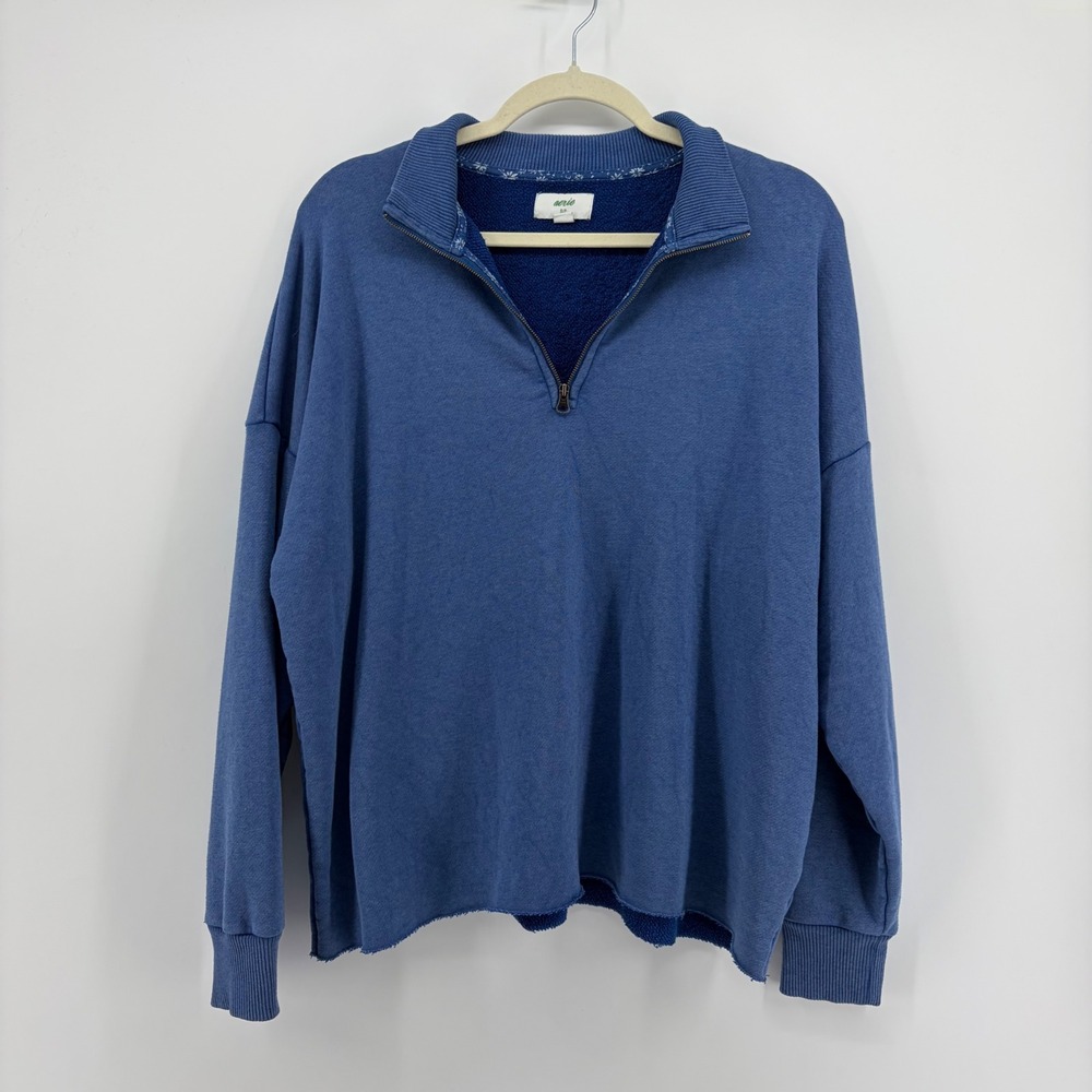 Aerie Womens Small Blue Quarter Zip Sweatshirt Oversized Raw Hem Pullover